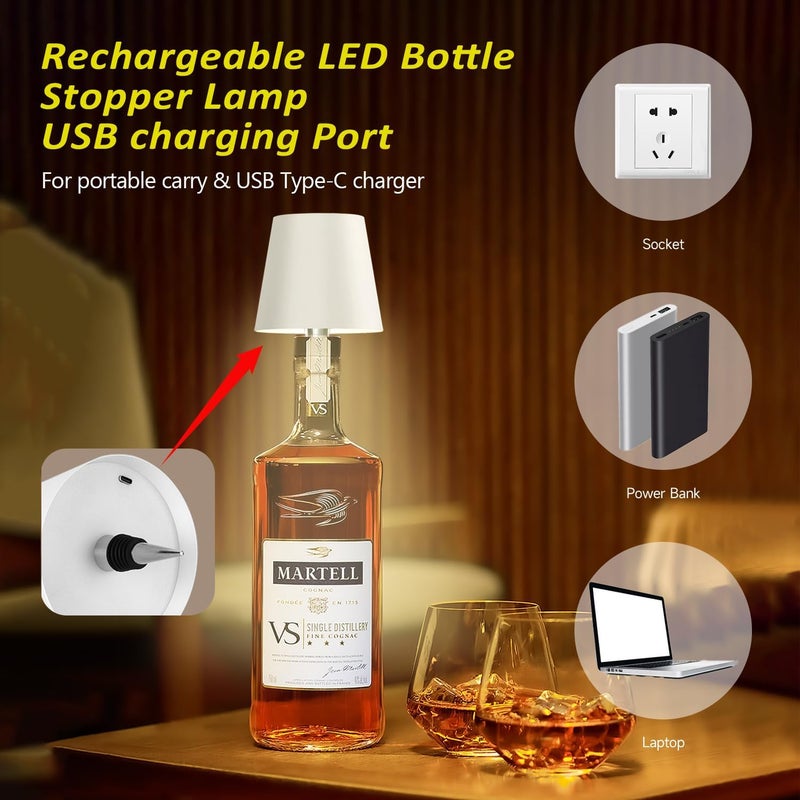 Hoide Store 2025 New Wireless Bottle Lamp - LED Bottle Lights for Liquor & Wine Bottles, Cordless Lampshade, Whiskey Bottle Top Light, Bottle Stopper Night Light Kit, Rechargeable 3-Tone Touch-Dimmable - Image 3